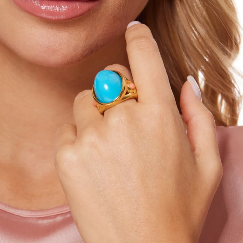 Premium Diamond Jewelry At Once-In-A-Lifetime Discounts Gold Ring with Turquoise Cabochon Center and Coral Cabochon Dots Premium Diamond Jewelry At Once-In-A-Lifetime Discounts Gold Ring with Turquoise Cabochon Center and Coral Cabochon Dots