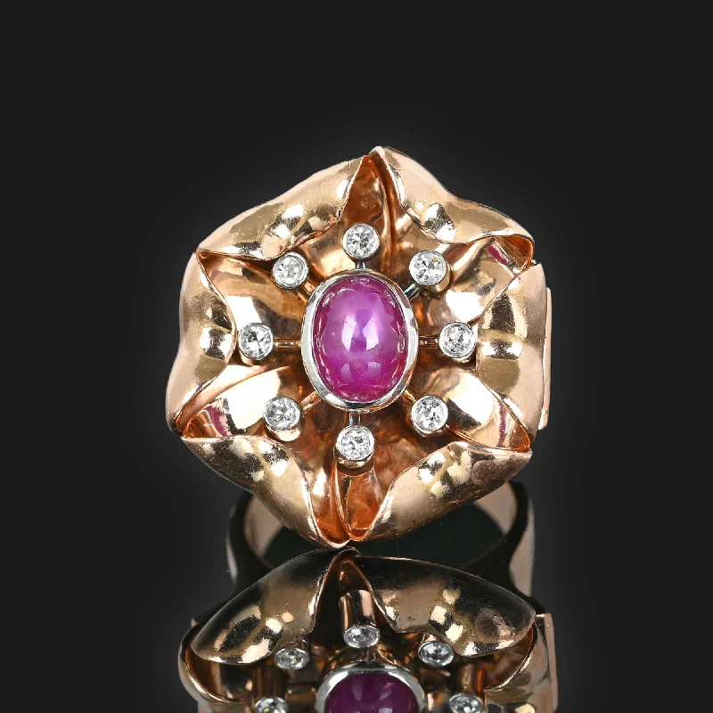Shop Dazzling Jewelry With Special Promotional Discounts Retro Diamond Ruby Star Sapphire Ring, Heavy 14K Rose Gold Shop Dazzling Jewelry With Special Promotional Discounts Retro Diamond Ruby Star Sapphire Ring, Heavy 14K Rose Gold
