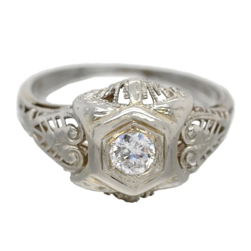 Upgrade Your Jewelry Collection For Less Antique Art Deco 0.20ct Diamond Solitaire Filigree Ring - 18k White Gold | 6.25