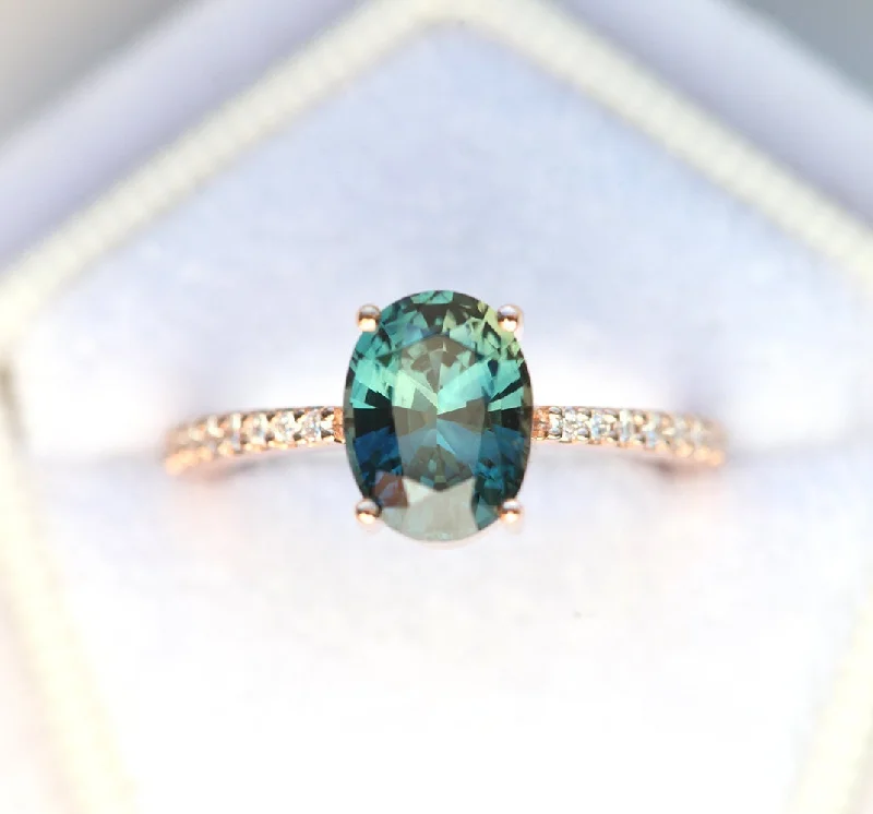 Luxury Handcrafted Jewelry For Elegant Looks Teal Sapphire Engagement Ring With Pave Diamond Band Luxury Handcrafted Jewelry For Elegant Looks Teal Sapphire Engagement Ring With Pave Diamond Band