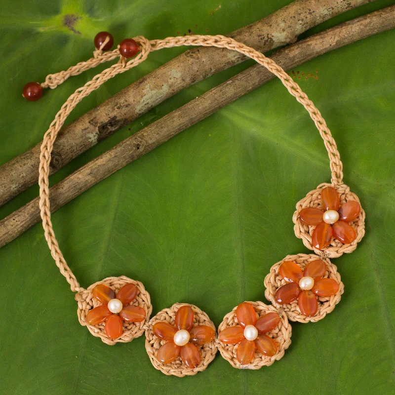 Once-A-Year Jewelry Deals – Shop Before They’Re Gone Blossoming Rhyme Hand Crocheted Flower Necklace with Carnelians and Pearls