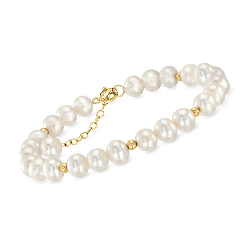 Get The Jewelry You Love At A Price You Love Ross-Simons 6.5-7mm Cultured Pearl and 14kt Yellow Gold Bead Station Bracelet Get The Jewelry You Love At A Price You Love Ross-Simons 6.5-7mm Cultured Pearl and 14kt Yellow Gold Bead Station Bracelet