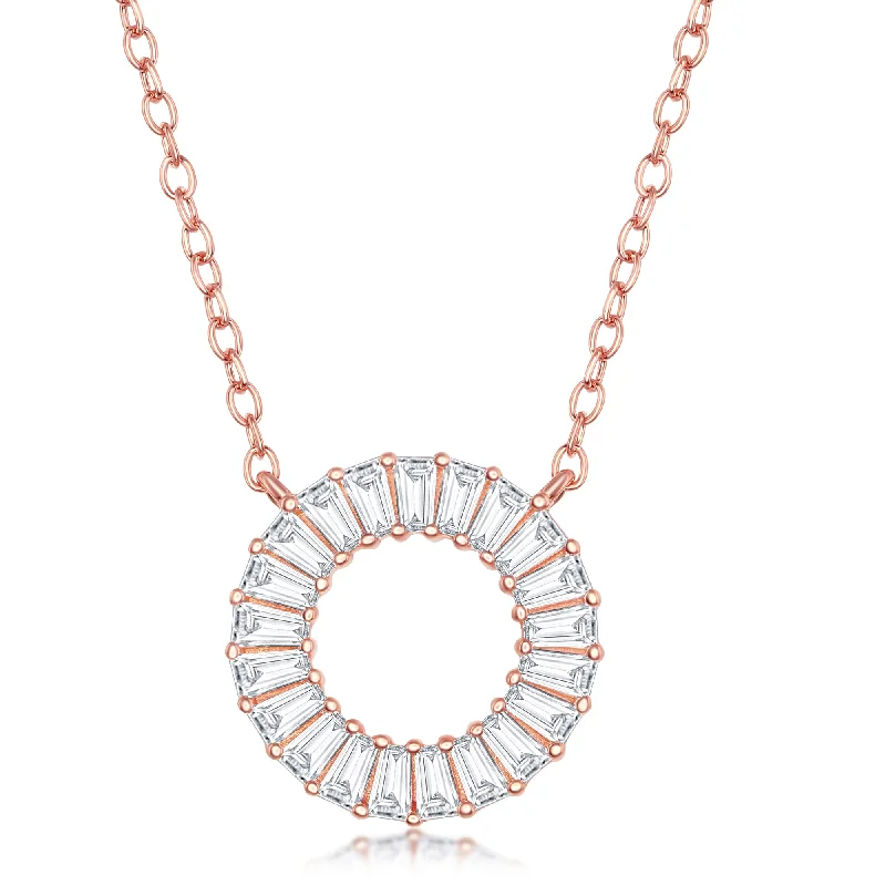 Trendy Minimalist Jewelry For Everyday Wear Sterling Silver Baguette CZ Open Circle Necklace - Rose Gold Plated Trendy Minimalist Jewelry For Everyday Wear Sterling Silver Baguette CZ Open Circle Necklace - Rose Gold Plated