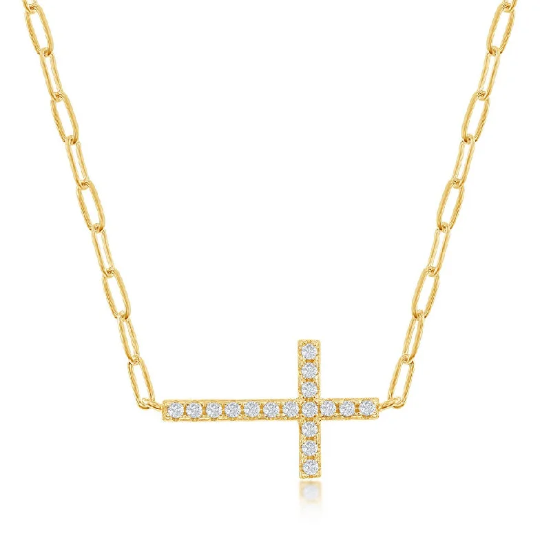 Jewelry Clearance Event – Last Chance For Stunning Deals Sterling Silver CZ Sideways Cross Paperclip Necklace - Gold Plated Jewelry Clearance Event – Last Chance For Stunning Deals Sterling Silver CZ Sideways Cross Paperclip Necklace - Gold Plated