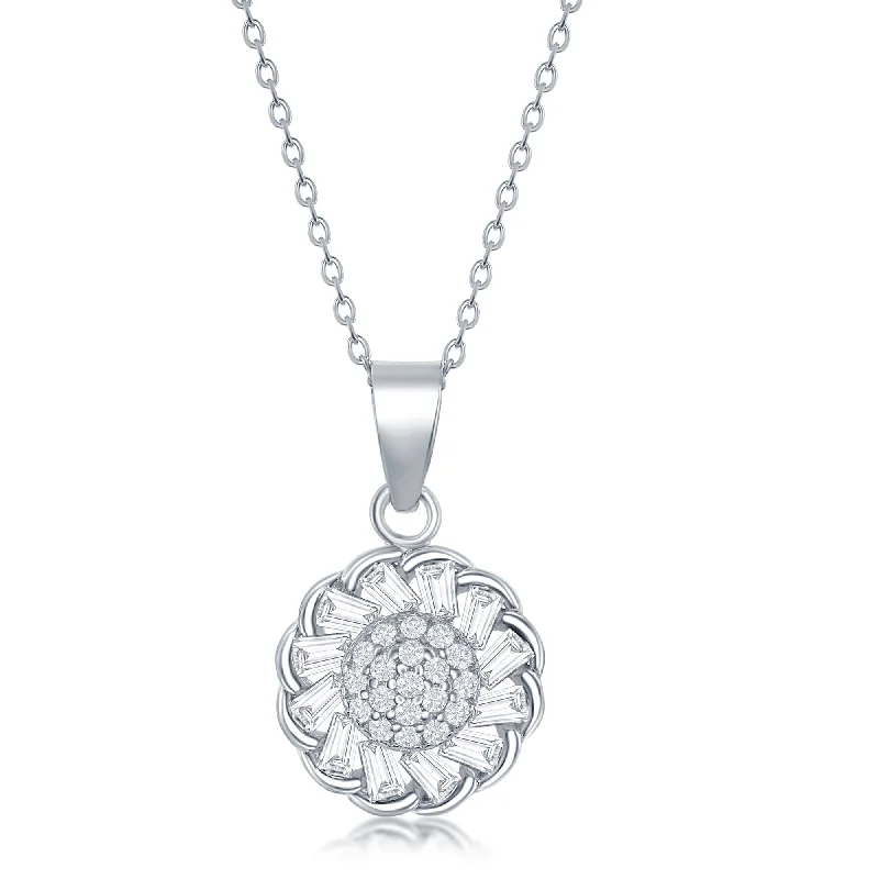 Affordable Gold-Plated Jewelry For Modern Fashion Sterling Silver Micro Pave Center & Baguette CZ Border Flower Design Necklace Affordable Gold-Plated Jewelry For Modern Fashion Sterling Silver Micro Pave Center & Baguette CZ Border Flower Design Necklace