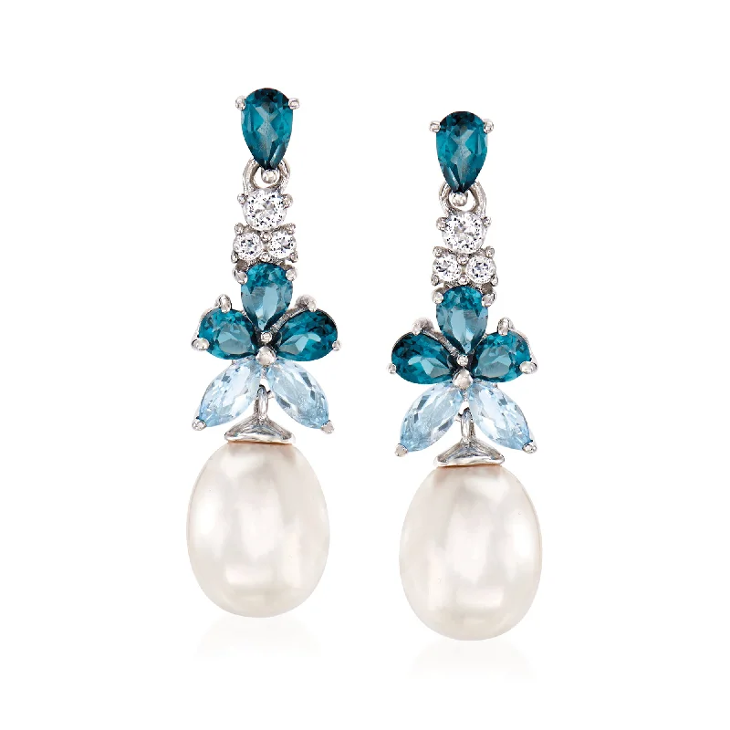 Huge Savings On Timeless Jewelry Collections Ross-Simons 8.5-9mm Cultured Pearl and Blue and White Topaz Drop Earrings in Sterling Silver Huge Savings On Timeless Jewelry Collections Ross-Simons 8.5-9mm Cultured Pearl and Blue and White Topaz Drop Earrings in Sterling Silver