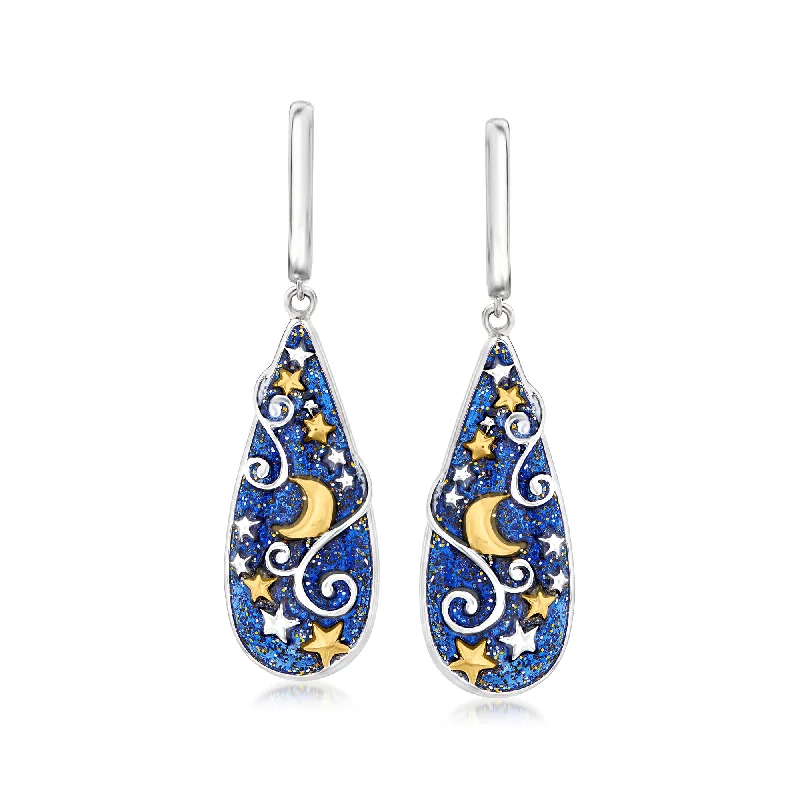 Bohemian-Inspired Jewelry For Free-Spirited Fashion Ross-Simons Glittery Blue Enamel Celestial Hoop Drop Earrings in 2-Tone Sterling Silver Bohemian-Inspired Jewelry For Free-Spirited Fashion Ross-Simons Glittery Blue Enamel Celestial Hoop Drop Earrings in 2-Tone Sterling Silver