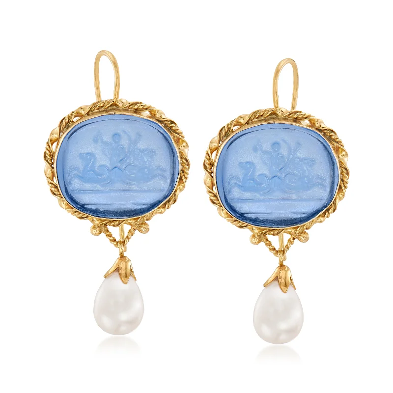 Discounted Jewelry For A Glamorous Look Ross-Simons Italian Cultured Pearl and Blue Venetian Glass Intaglio Drop Earrings in 18kt Gold Over Sterling Discounted Jewelry For A Glamorous Look Ross-Simons Italian Cultured Pearl and Blue Venetian Glass Intaglio Drop Earrings in 18kt Gold Over Sterling