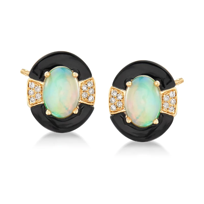 Modern Statement Jewelry For Bold Styling Ross-Simons Opal and Black Onyx Earrings With Diamond Accents in 14kt Yellow Gold Modern Statement Jewelry For Bold Styling Ross-Simons Opal and Black Onyx Earrings With Diamond Accents in 14kt Yellow Gold