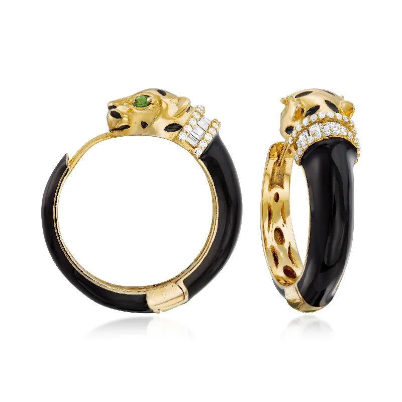 Classic And Modern Jewelry Styles On Sale Ross-Simons White Zircon and . Green Chrome Diopside Panther Hoop Earrings in 18kt Gold Over Sterling With Black Enamel Classic And Modern Jewelry Styles On Sale Ross-Simons White Zircon and . Green Chrome Diopside Panther Hoop Earrings in 18kt Gold Over Sterling With Black Enamel