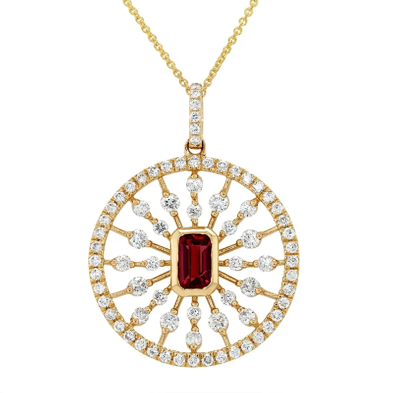 Shop High-Quality Jewelry At Jaw-Dropping Discounts MODERN YELLOW GOLD NECKLACE WITH GARNET CENTER AND SIDE DIAMONDS, .69 CT TW