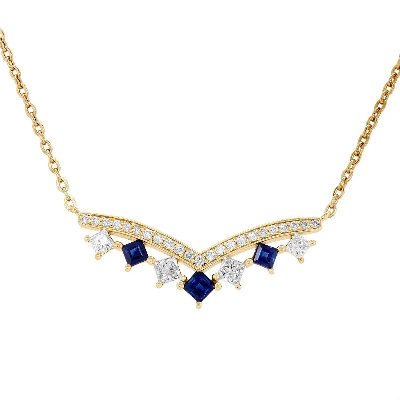 Timeless Jewelry, Timeless Savings – Don't Wait MODERN YELLOW GOLD NECKLACE WITH SQUARE SAPPHIRES AND DIAMONDS, .42 CT TW Timeless Jewelry, Timeless Savings – Don't Wait MODERN YELLOW GOLD NECKLACE WITH SQUARE SAPPHIRES AND DIAMONDS, .42 CT TW
