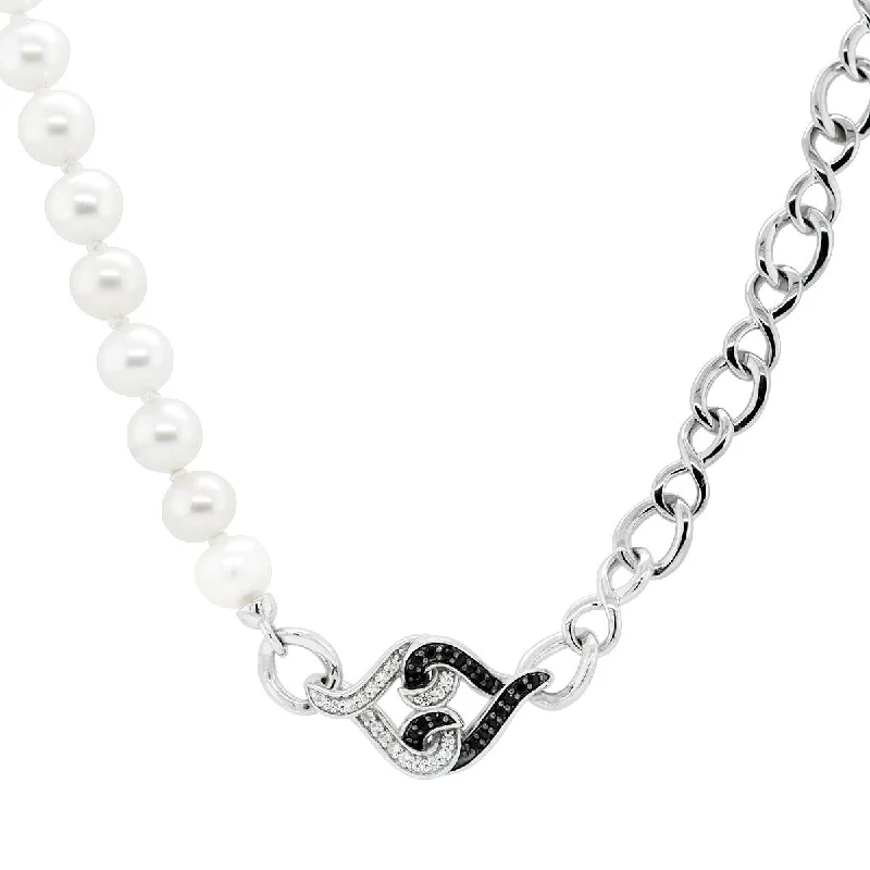 Romantic Heart-Shaped Jewelry For Special Gifts STERLING SILVER DOUBLE HEART NECKLACE WITH BLACK AND WHITE SAPPPHIRE AND PEARLS Romantic Heart-Shaped Jewelry For Special Gifts STERLING SILVER DOUBLE HEART NECKLACE WITH BLACK AND WHITE SAPPPHIRE AND PEARLS