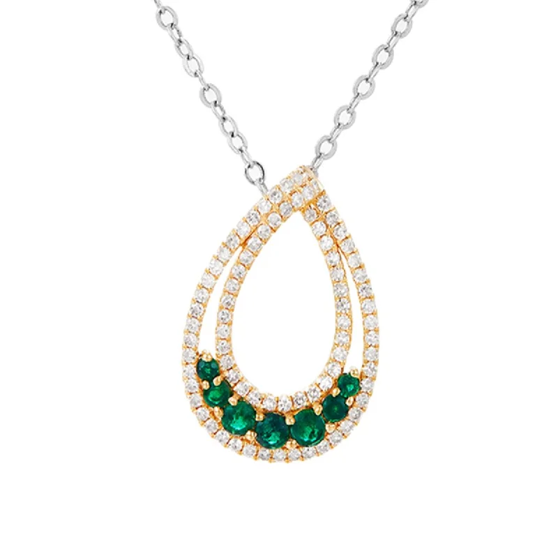 Premium Jewelry Now Available At Special Discounts YELLOW GOLD TEAR DROP SHAPED PENDANT WITH EMERALDS AND DIAMONDS, .48 CT TW