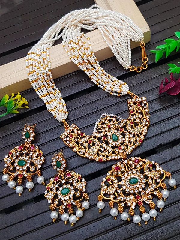 Unmissable Deals On Handmade Jewelry Collections Gold Plated Floral pendant set design of Artificial stones with pearl mala 5254N Unmissable Deals On Handmade Jewelry Collections Gold Plated Floral pendant set design of Artificial stones with pearl mala 5254N