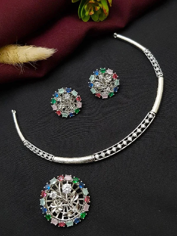 Fashion-Forward Jewelry At Exclusive Discounts Rose Gold Plated Premium CZ Studded Navaratna Necklace Set 7400N Fashion-Forward Jewelry At Exclusive Discounts Rose Gold Plated Premium CZ Studded Navaratna Necklace Set 7400N