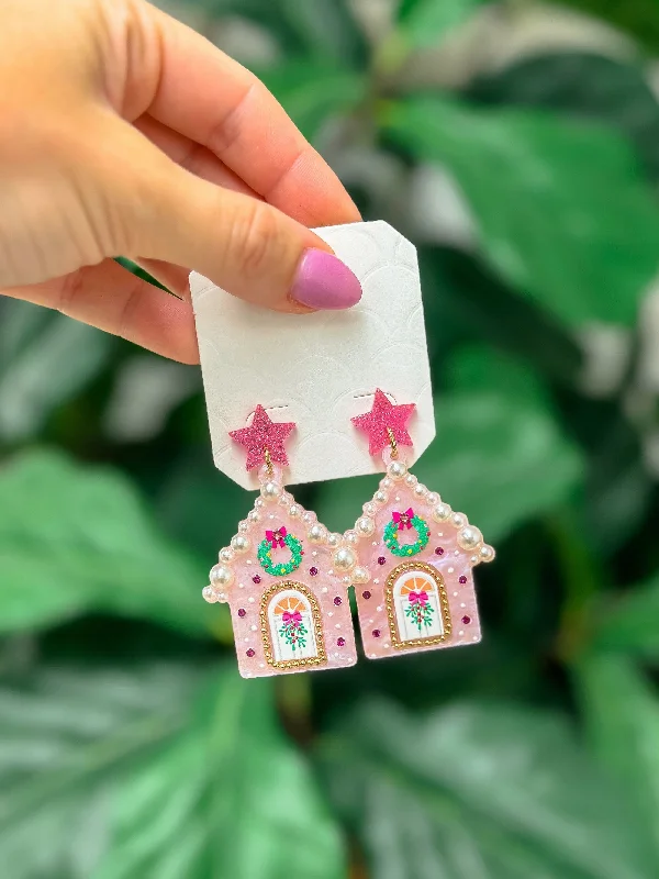 Shop Handcrafted Jewelry At Special Promotional Rates Decorative Pearl Christmas House Dangle Earrings - Pink Shop Handcrafted Jewelry At Special Promotional Rates Decorative Pearl Christmas House Dangle Earrings - Pink