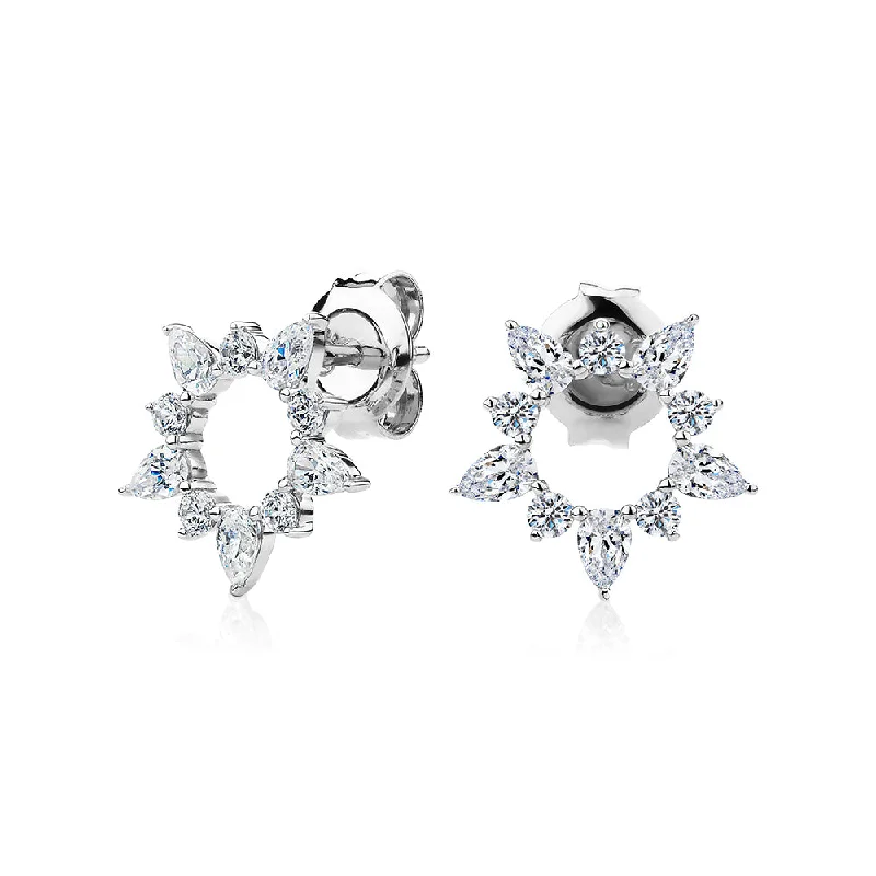 Upgrade Your Jewelry Collection For Less Pear and Round Brilliant fancy earrings with 1.45 carats* of diamond simulants in 10 carat white gold Upgrade Your Jewelry Collection For Less Pear and Round Brilliant fancy earrings with 1.45 carats* of diamond simulants in 10 carat white gold