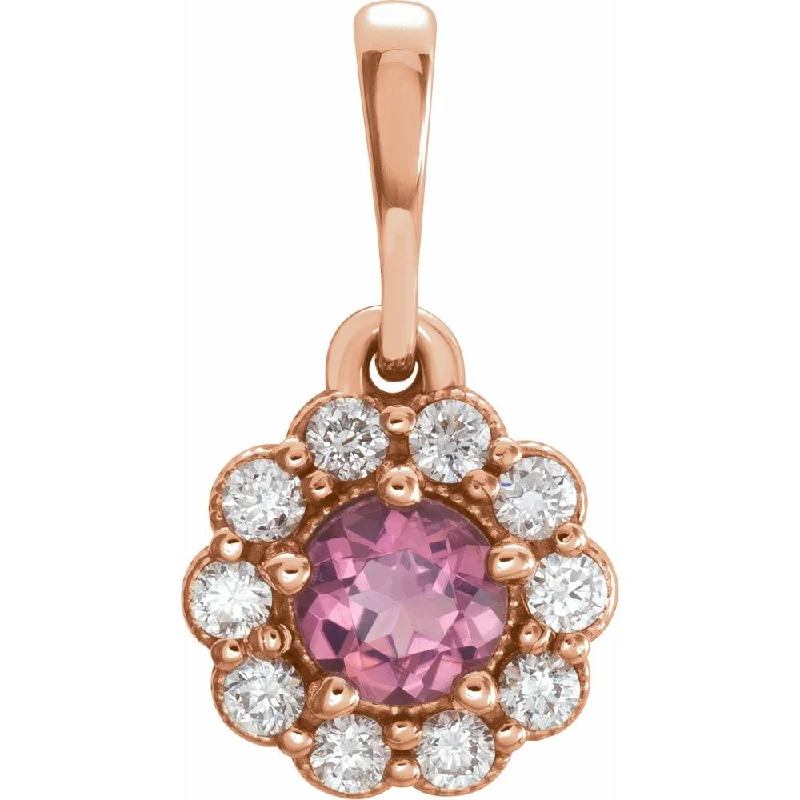 Discounted Jewelry For A Glamorous Look 14k Rose Gold Pink Tourmaline 1/8 Ctw Diamond Small Halo Pendant, 8mm Discounted Jewelry For A Glamorous Look 14k Rose Gold Pink Tourmaline 1/8 Ctw Diamond Small Halo Pendant, 8mm