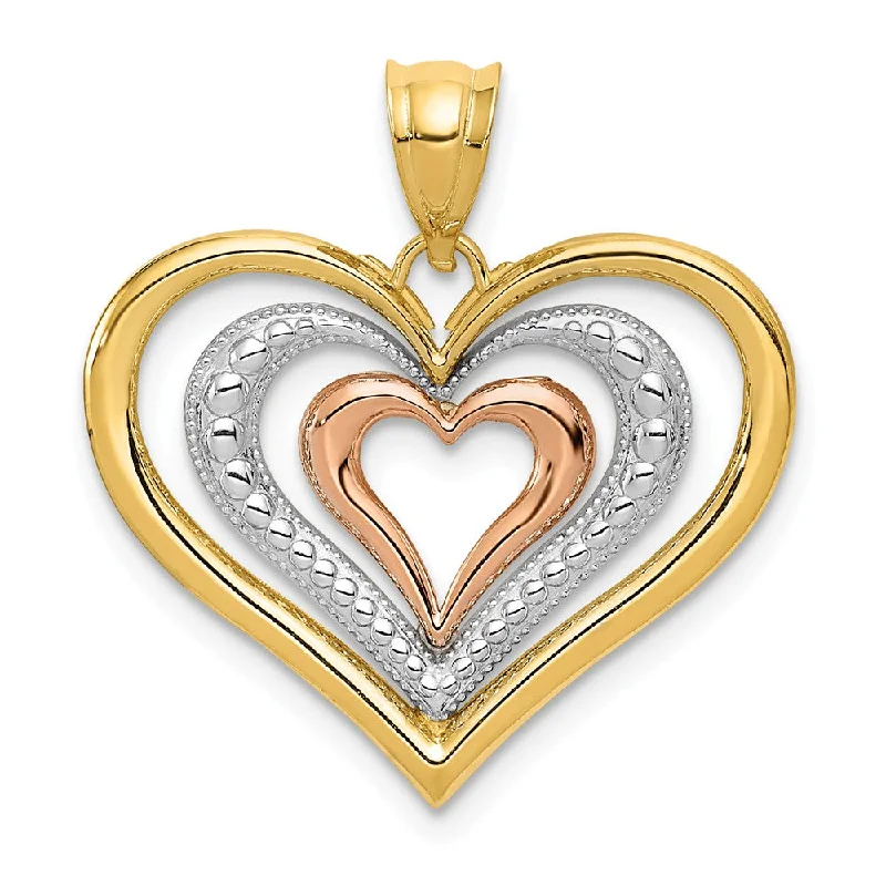 Seasonal Jewelry Sale – Upgrade Your Collection 14k Yellow Gold and Rose Gold with Rhodium Triple Heart Pendant, 21mm Seasonal Jewelry Sale – Upgrade Your Collection 14k Yellow Gold and Rose Gold with Rhodium Triple Heart Pendant, 21mm