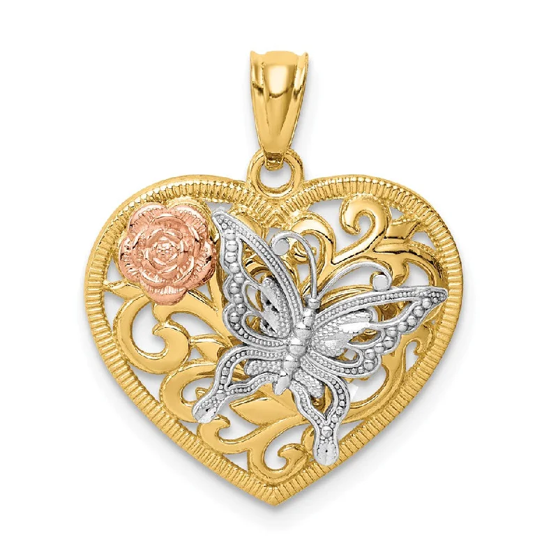Personalized Engraved Jewelry For Meaningful Gifts 14k Yellow & Rose Gold with White Rhodium 19mm Heart Butterfly Pendant Personalized Engraved Jewelry For Meaningful Gifts 14k Yellow & Rose Gold with White Rhodium 19mm Heart Butterfly Pendant