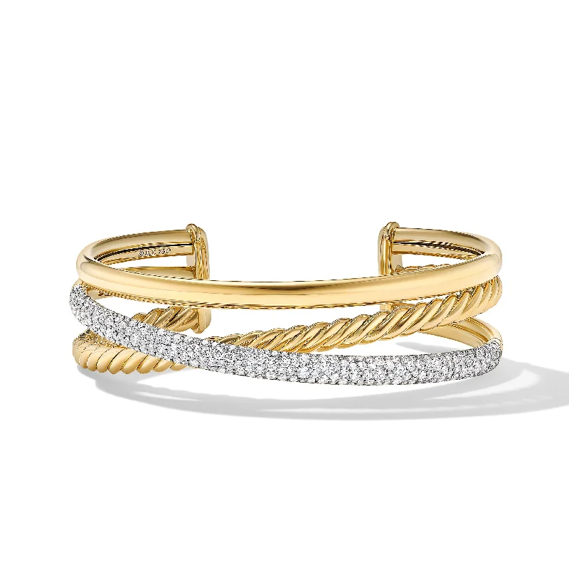 Trendy Minimalist Jewelry For Everyday Wear Pavé Crossover Three Row Cuff Bracelet in 18K Yellow Gold with Diamonds\, 20mm Trendy Minimalist Jewelry For Everyday Wear Pavé Crossover Three Row Cuff Bracelet in 18K Yellow Gold with Diamonds\, 20mm