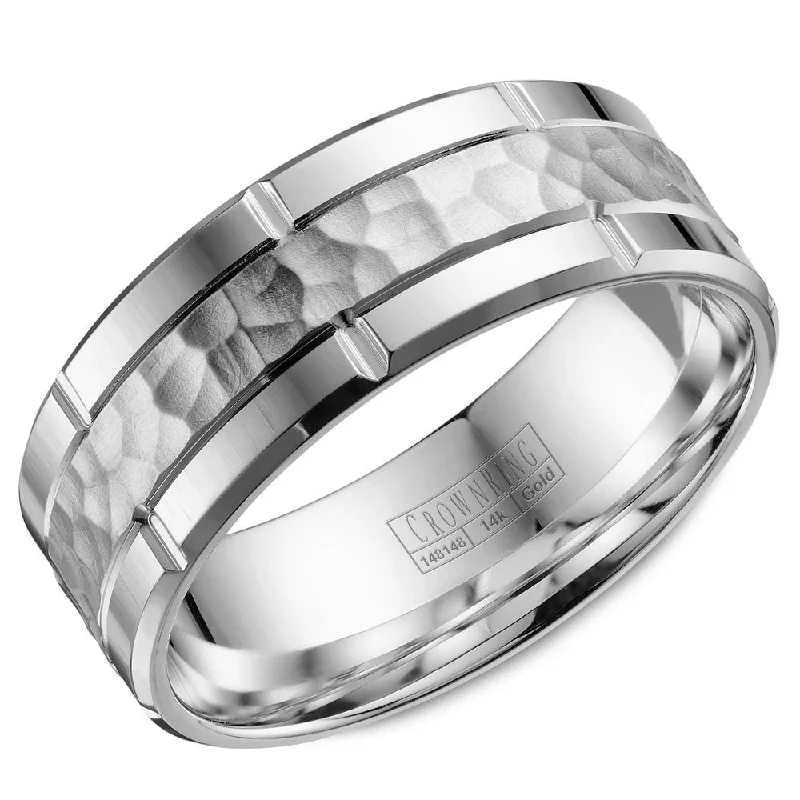 Stunning Jewelry At A Fraction Of The Price CrownRing 8MM Wedding Band with Hammered Finish and Line Detailing WB-040C8W Stunning Jewelry At A Fraction Of The Price CrownRing 8MM Wedding Band with Hammered Finish and Line Detailing WB-040C8W