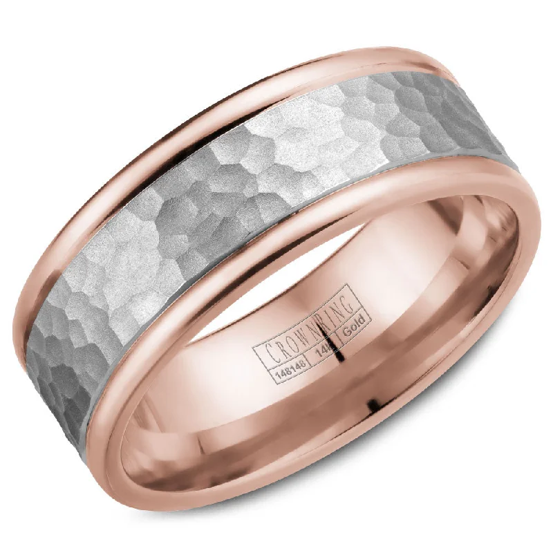 Shop Dazzling Jewelry With Special Promotional Discounts CrownRing 8MM Rose Gold Wedding Band with White Gold Hammered Center WB-028C8WR Shop Dazzling Jewelry With Special Promotional Discounts CrownRing 8MM Rose Gold Wedding Band with White Gold Hammered Center WB-028C8WR