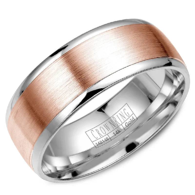 Elegant Jewelry Styles At Budget-Friendly Prices CrownRing 8MM White Gold Wedding Band with Rose Gold Brushed Center WB-RW7068 Elegant Jewelry Styles At Budget-Friendly Prices CrownRing 8MM White Gold Wedding Band with Rose Gold Brushed Center WB-RW7068