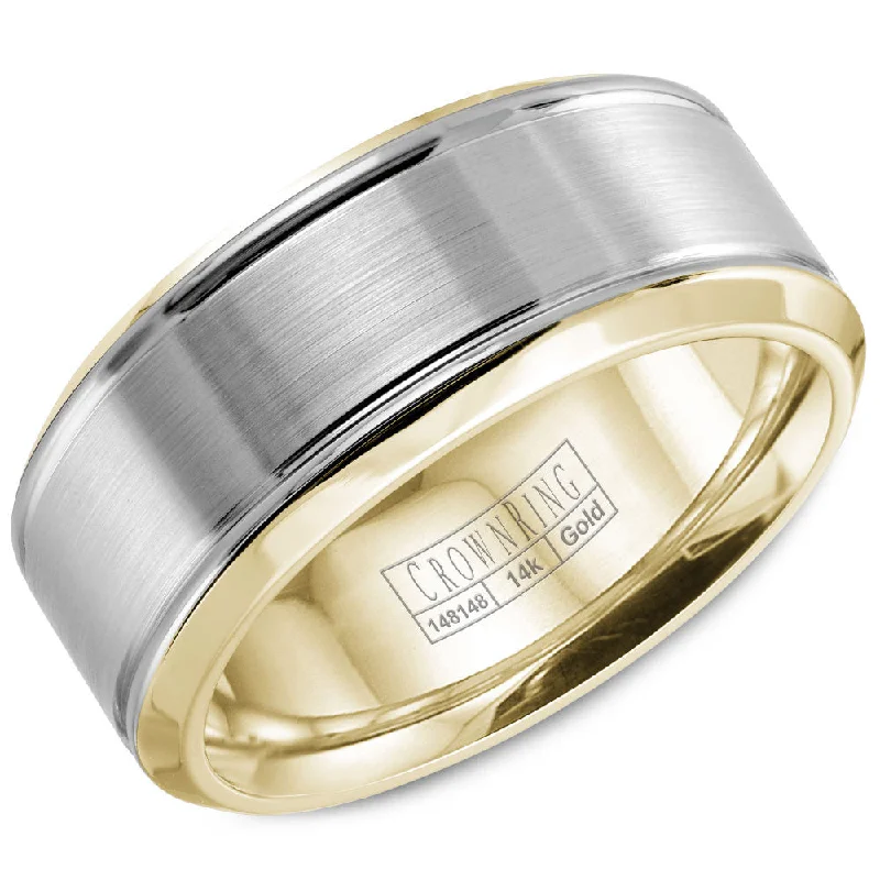 Big Discounts On Elegant Jewelry Collections CrownRing 8MM Yellow Gold Wedding Band with White Gold Brushed Center WB-9937 Big Discounts On Elegant Jewelry Collections CrownRing 8MM Yellow Gold Wedding Band with White Gold Brushed Center WB-9937
