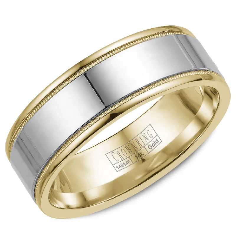 Timeless Elegance At Unbelievable Discounts CrownRing 8MM Yellow Gold Wedding Band with White Gold Center and Milgrain Detailing WB-6811
