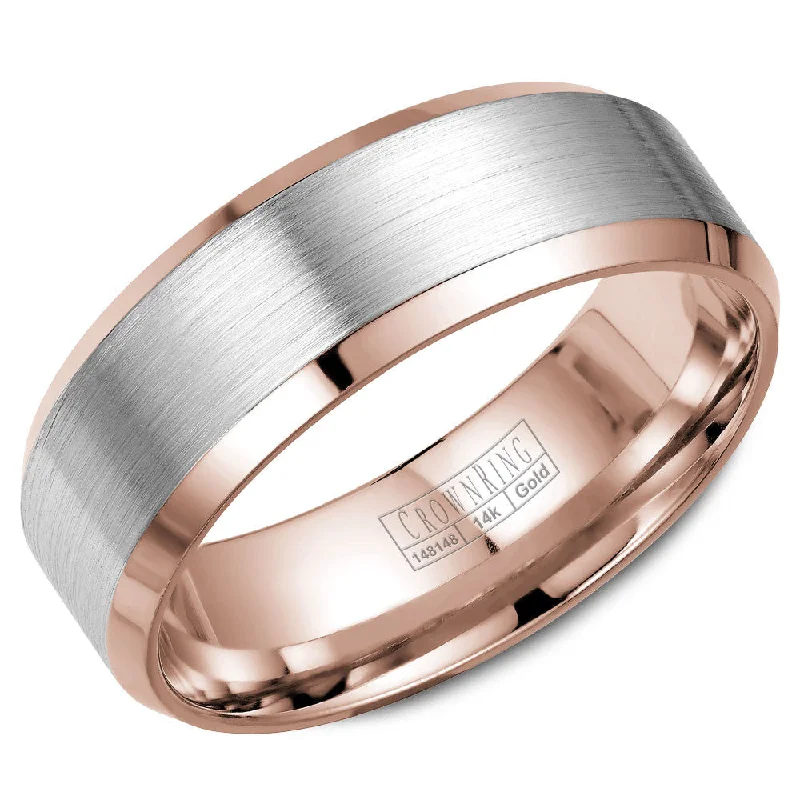 Special Deals On Handcrafted And Designer Jewelry CrownRing 8MM Rose Gold Wedding Band with White Gold Sandpaper Finish WB-7131WR Special Deals On Handcrafted And Designer Jewelry CrownRing 8MM Rose Gold Wedding Band with White Gold Sandpaper Finish WB-7131WR