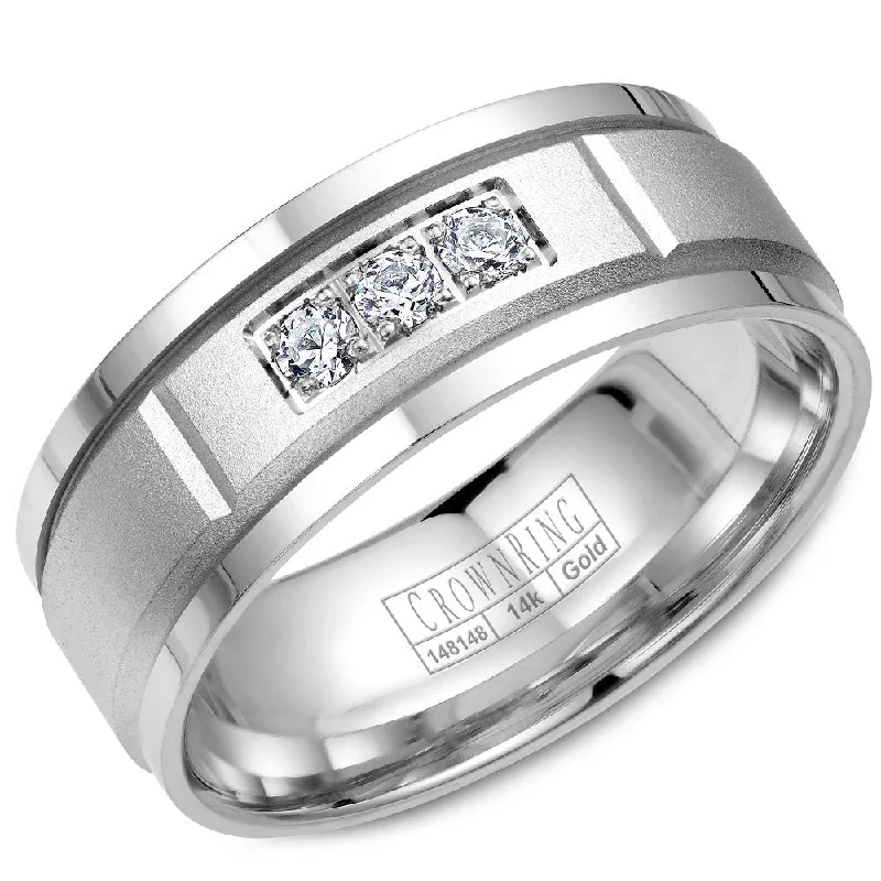 Waterproof Stainless Steel Jewelry For Lasting Beauty CrownRing 8MM 3 Round Diamond Wedding Band with Sandpaper Center & Line Detailing WB-8200