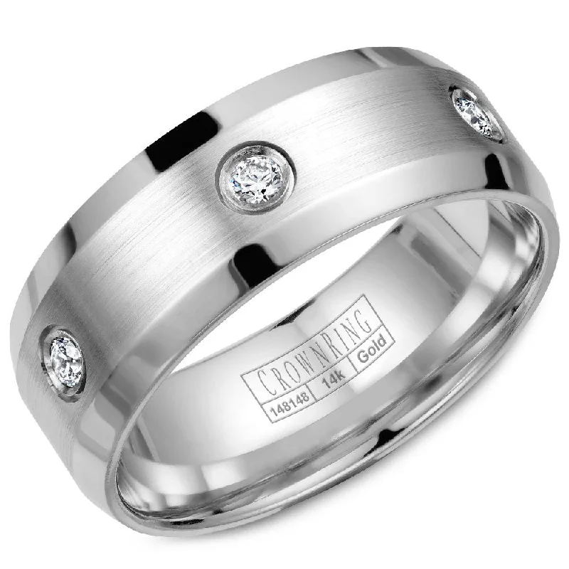 Limited Stock On Premium Jewelry At Low Prices CrownRing 8MM 6 Round Diamond Wedding Band with Brushed Center & Beveled Edges WB-9616 Limited Stock On Premium Jewelry At Low Prices CrownRing 8MM 6 Round Diamond Wedding Band with Brushed Center & Beveled Edges WB-9616
