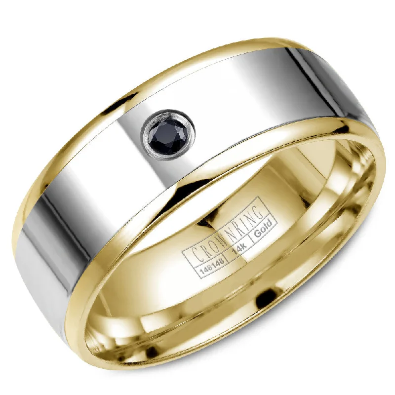 High-End Jewelry, Now More Affordable Than Ever CrownRing 8MM Yellow Gold Black Diamond Wedding Band with White Gold Center & Brushed Finish WB-7972 High-End Jewelry, Now More Affordable Than Ever CrownRing 8MM Yellow Gold Black Diamond Wedding Band with White Gold Center & Brushed Finish WB-7972