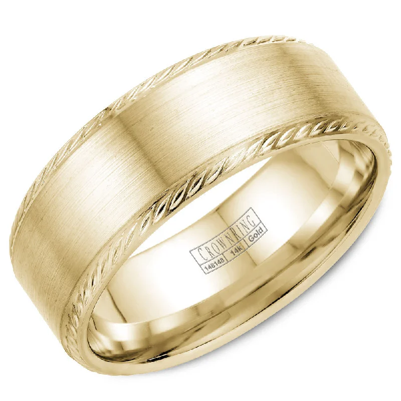 Elegant Jewelry, Affordable Luxury – Shop Now CrownRing 8MM Yellow Gold Wedding Band with Brushed Center and Rope Detailing WB-011R8Y Elegant Jewelry, Affordable Luxury – Shop Now CrownRing 8MM Yellow Gold Wedding Band with Brushed Center and Rope Detailing WB-011R8Y